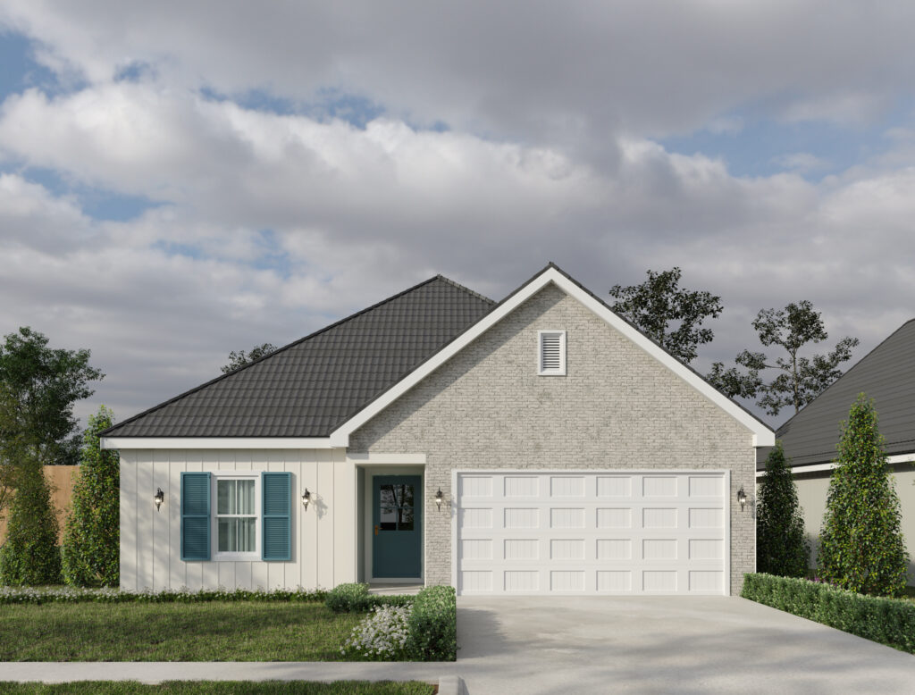 A modern single-story house with a white garage door, light teal shutters, and a neatly paved driveway, set against a cloudy sky.