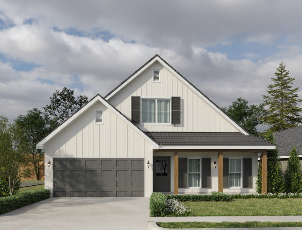 A modern suburban house in the Dune Terre Housing Development of Baton Rouge, featuring a gabled roof, a two-car garage, and a welcoming front porch, nestled under a cloudy sky.