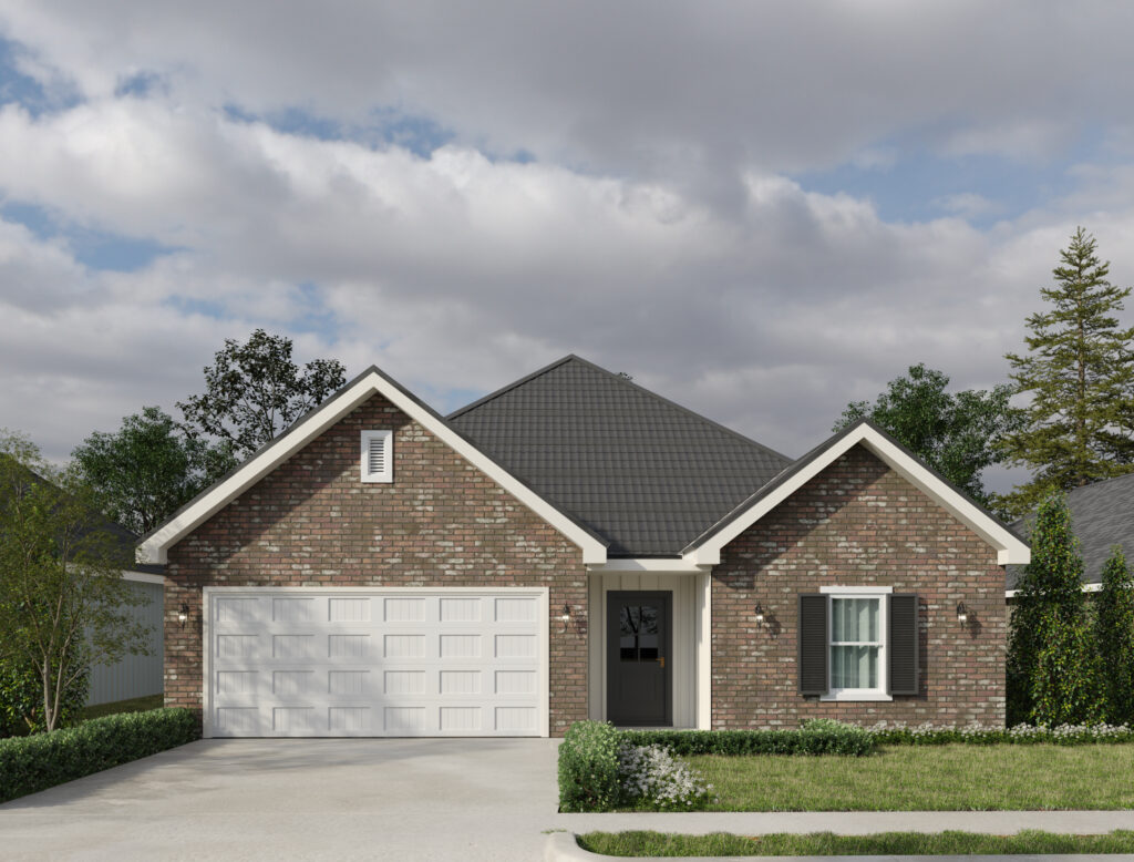 A modern single-story brick home with a prominent two-car garage and a landscaped front yard under a cloudy sky.
